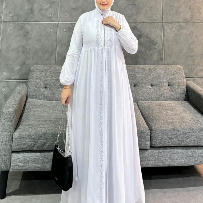 Gamis Abaya Muslim Wanita Bordir Mewah Putih Putih Renia By Dika Fashion Shop
