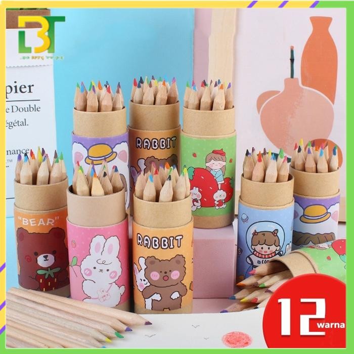 

New LBT Pensil Warna 12 IN 1 + Serutan Karakter Kemasan Tabung Murah Impor