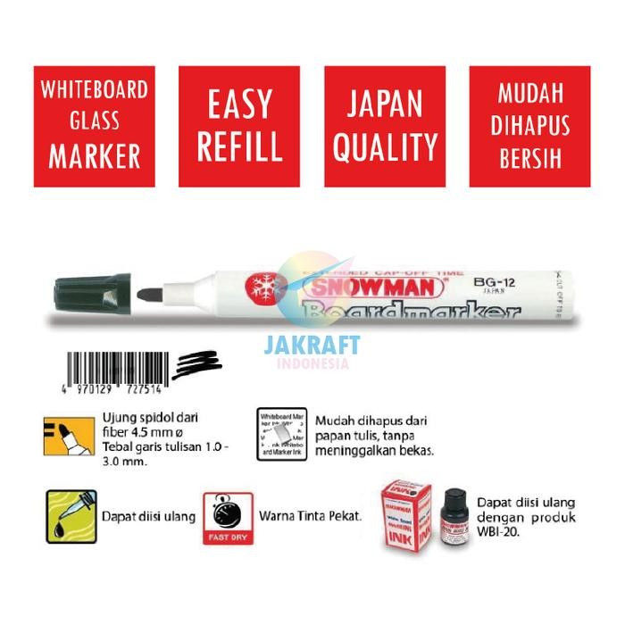 

New (1 Pcs) Spidol Papan Tulis & Kaca Bisa Dihapus SNOWMAN BG-12 White Glass Board Koleksi Warna