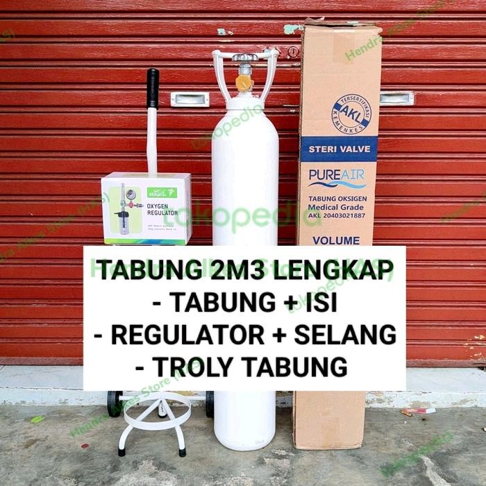Pure Air Tabung Oksigen 2M3 Lengkap dengan Regulator Selang dan Trolly Tabung Sudah AKL Kemenkes
