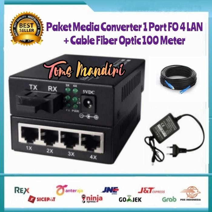 Paket Media Converter 1 Port FO 4 Port Lan + Cable FO Sling 100 Meter
