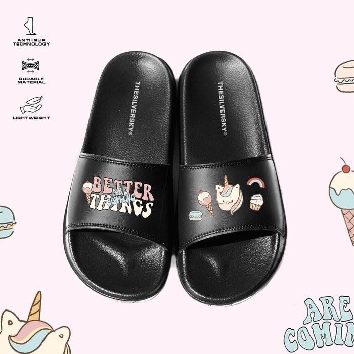 Thesilversky Unicorn Better Things Slides Premium Slip On Kids Adult Sandals Kaki Sandal