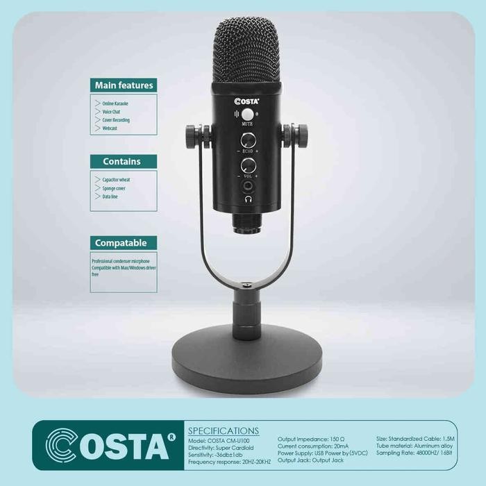 Terlaris COSTA CM-U100 Microphone USB professional Condenser Podcast,Vocal Metal Mikrofon SALE