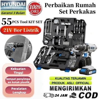 Hyundai Set alat kotak peralatan Tool Set 55 Pcs 21V Bor listrik Set Alat Set Kunci Pas Anti Guncang