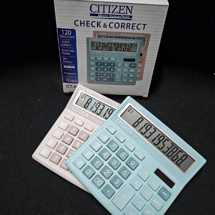 

kalkulator citizen ct-555n calculator dagang 12 digit check correct pink mint pastel hitam kode 659