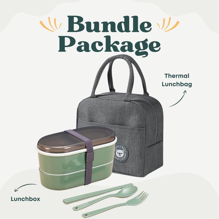 Ecentio - Set Kotak Makan 2 In 1 Rantang Lunch Box Tingkat + Tas Thermal Lunch Bag Warna