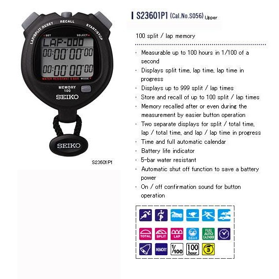 Stopwatch Seiko S23601P Digital 100 Lap Memory - Stop Watch Seiko