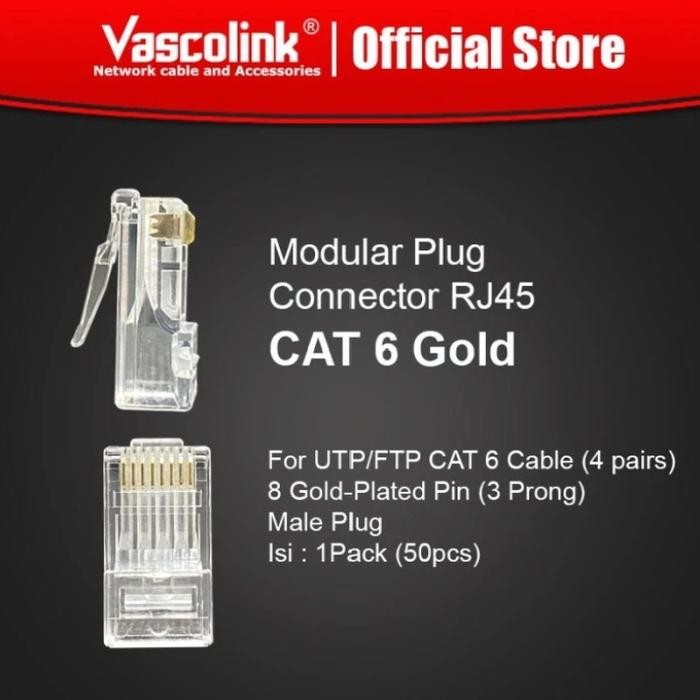 Ready Connector Rj45 Cat6 Gold Vascolink 50Pcs Vl-Rj45Uc6G - Konektor Lan Shopee