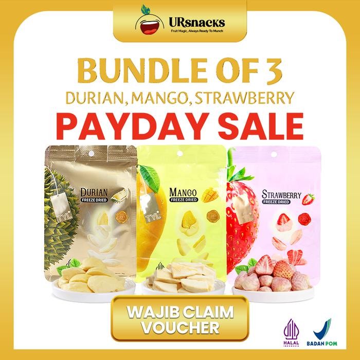 

URSNACKS Bundle Of 3 Freeze Dried - Snack Buah Kering rasa Strawberry + Durian + Mangga Dry Food