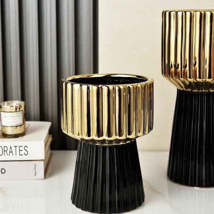 Zello Vase Gold Vas Bunga Keramik Putih Hitam Gold Cantik Bergaris Besar