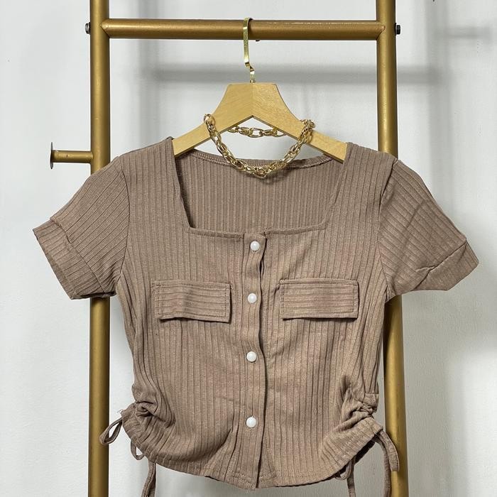 Blouse Knit Serut Samping Wanita / Atasan Square neck Button Rib 5288 Knitwear Top Crop Kancing