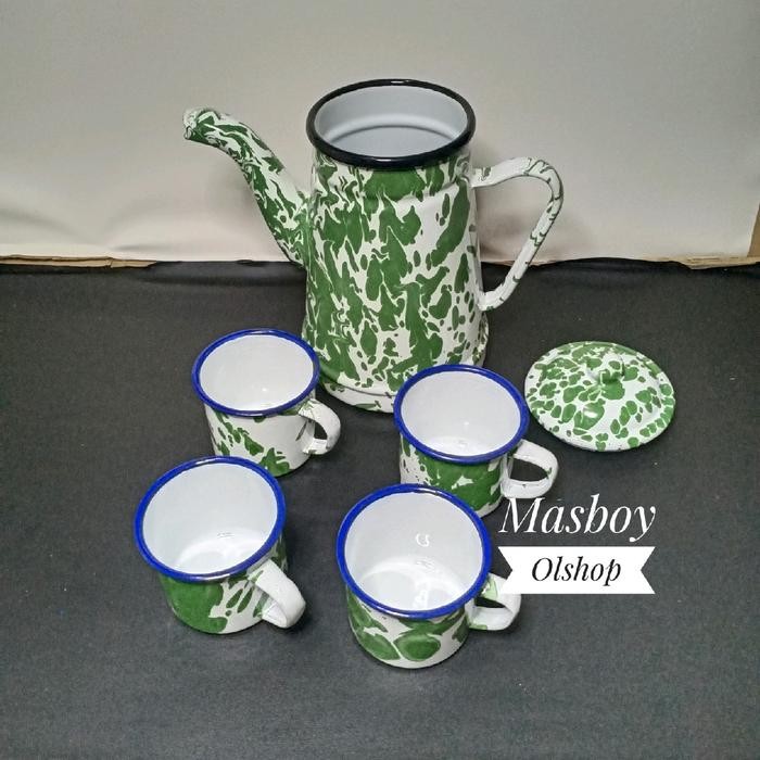 1 SET TEKO ENAMEL ESKAN BURIK BLIRIK+MUG 7 CM / BARANG JADUL ANTIK