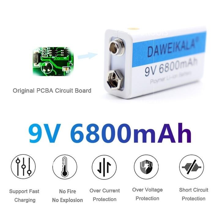BATERAI 9 V RECHARGEABLE LI-ION USB TYPE-C 6800 MAH D 9V / BATERAI 9V RECHARGEABLE VOLT BISA DICAS