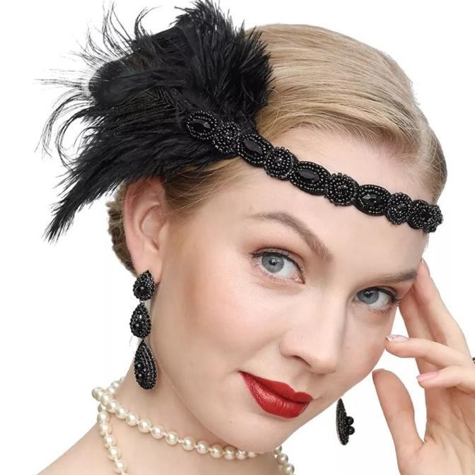 Black Feather Headband 1920s Flapper Headpiece Gatsby Hair