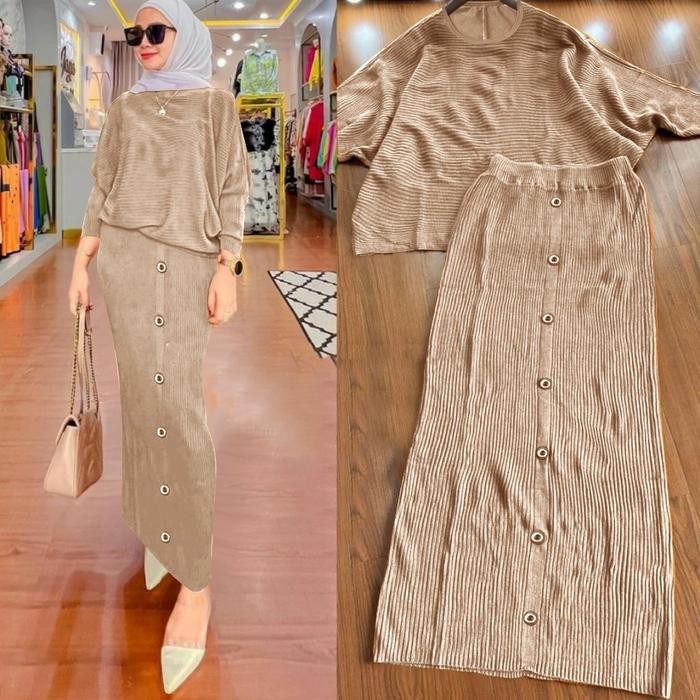 SETELAN WANITA MUSLIM BAHAN RAJUT DAN ROK PANJANG IMPORT-MAHARANI
