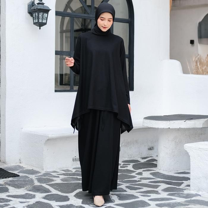 JV Hasanah Oneset Waffle Knit Series Black - Setelan Rok dan Kulot Kaos Knit Waffle