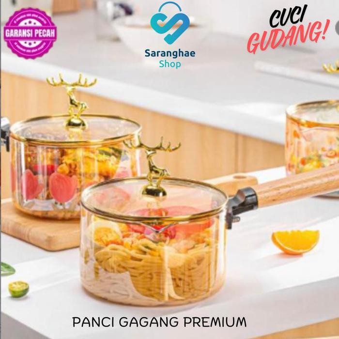 PREMIUM [NEW LAUNCH] Panci Kaca Gagang Kayu Borosilicate Panci Mie Kaca Bening Transparan Panci