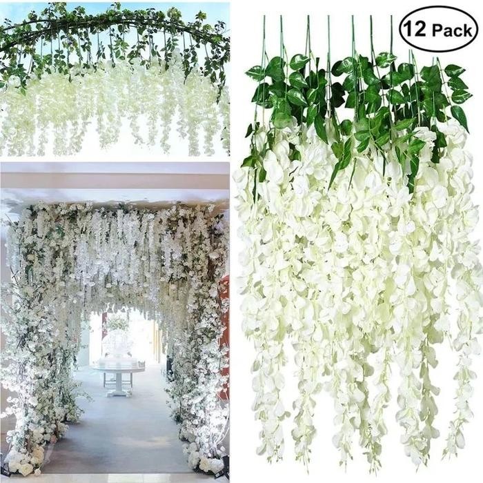 Termurah- 1 Lusin Wisteria Besar Jumbo Juntai Gantung Putih Dekorasi Artificial Dekor Pelaminan