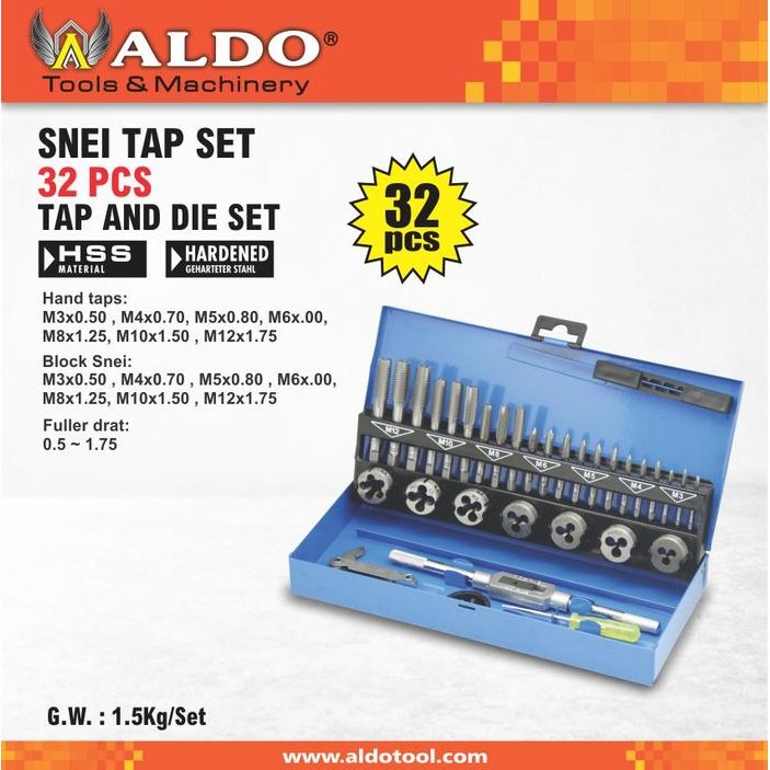 Alat Pembuat Drat Ulir / Snei Tap Set 32 Pcs Hss Material Merk Aldo