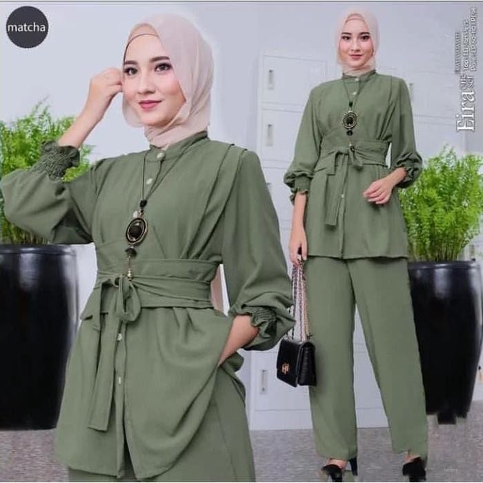 Eira One Set Setelan Wanita Muslim Bahan Crinkle Airflow Baju Kekinian