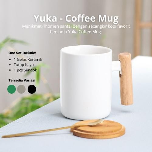 Mug Gagang Kayu Cangkir Teh Kopi Keramik Yuka Deng Terlaris Premium Kuat Terbaru Awet Murah K9H2 Ter