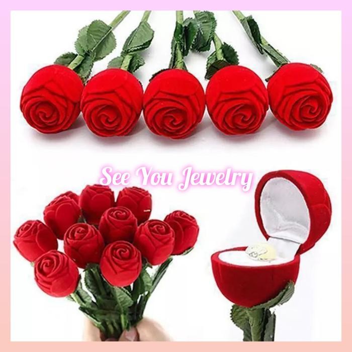 Kotak Cincin / Box Tempat Cincin Bunga Mawar ( + tangkai ) valentine