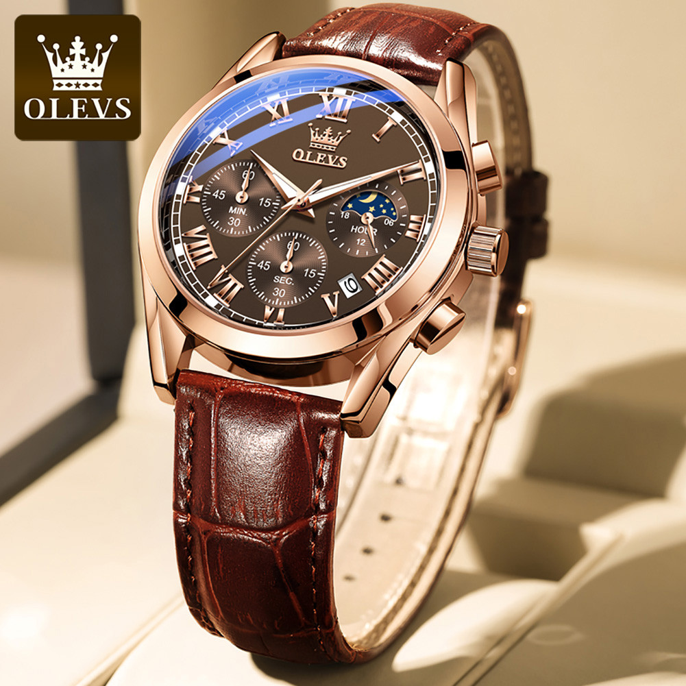 OLEVS 2871 Men Watches Brown Leather Top Brand Luxury Date Waterproof