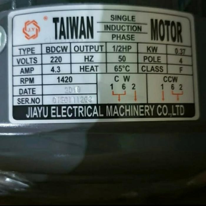 1/2 HP 1 PHASE JIAYU DINAMO/ELEKTRO MOTOR TAIWAN GULUNGAN TEMBAGA