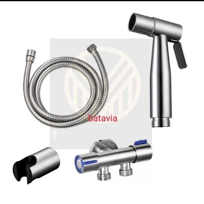 Paket jet shower stainles + stop kran 2 cabang on off/shower kloset