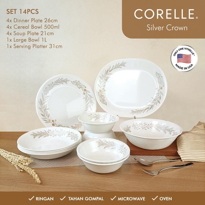 Corelle Silver Crown Set 14Pc / Set Piring Makan Terlaris