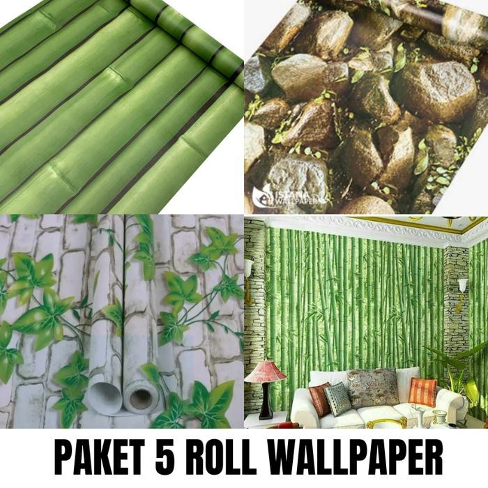 - PAKET 5 ROLL WALLPAPER STICKER DINDING MOTIF BATU ALAM BAMBU HIJAU PVC DEKORASI RUMAH  Stiker