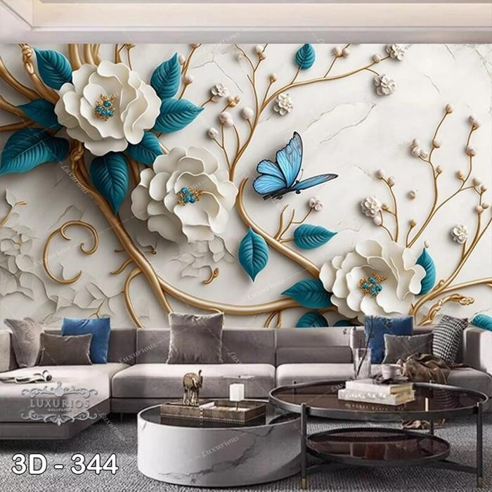 Wallpaper Custom 3D Dinding Motif Bunga Pahatan Burung Merak Stiker WallSticker Wallbanner