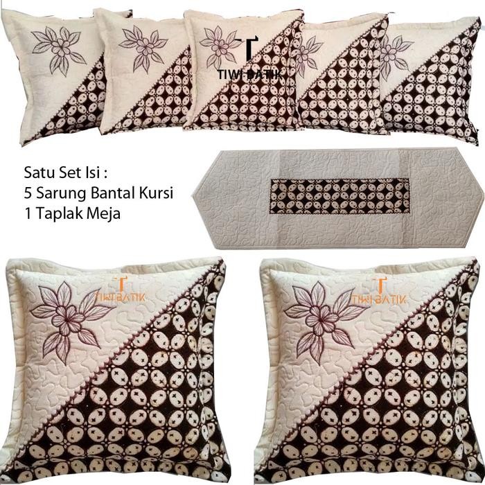 Sarung Bantal Kursi Sofa Batik Cap Set Taplak Meja Bordir Halus Sulam Benang Emas Tahan Pudar White