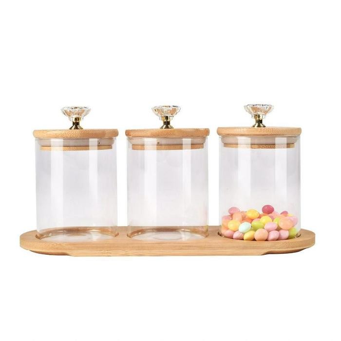 [MS] Tempat Bumbu / Candy Jar / Toples Kaca Diamond 3in1 dengan Nampan Kayu
