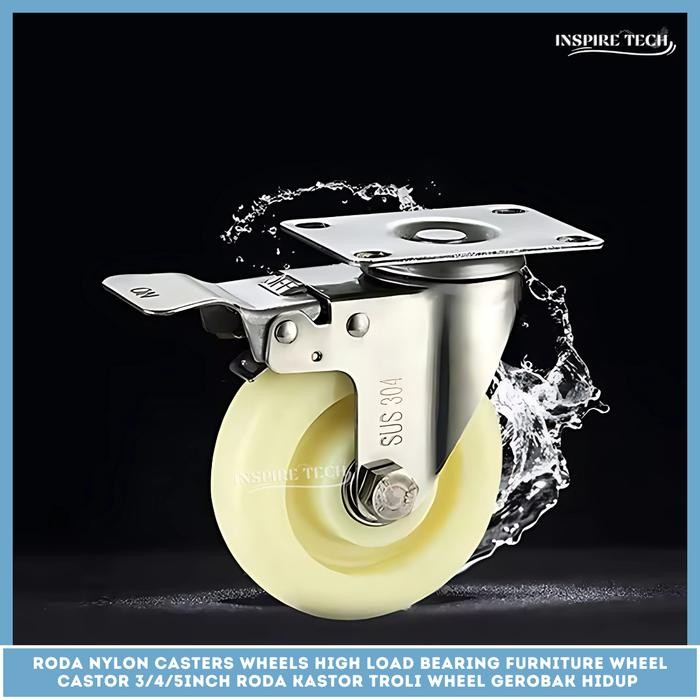 Roda Nylon Mati Hidup Rem Medium Duty Double Bearing Roda Kastor Troli Wheel Gerobak Trolley Lori 3"