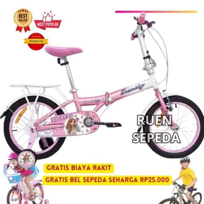 Sepeda Lipat Anak Roda Empat Cewek Perempuan Family Violet 16 Premium Gratis Ongkir