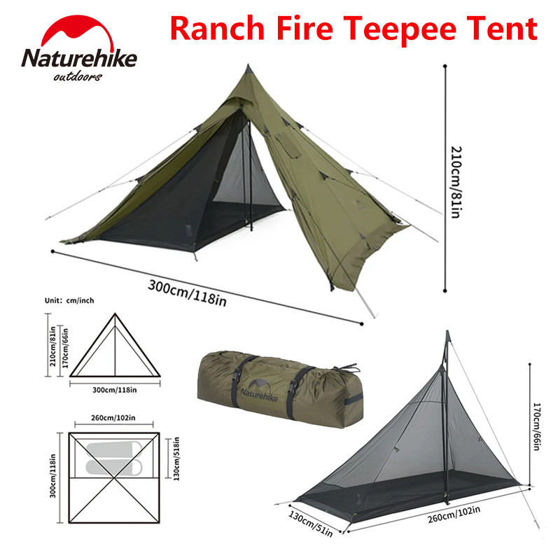 Naturehike Ranch Fire Teepee Hot Tent 4 Season With Chimney Hole for 4 People 210T Rainproof Camping