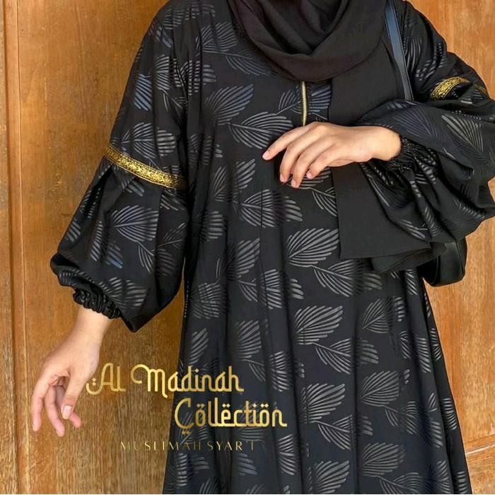 Abaya Shiva/Abaya Embos Lengan Balon Temboro Wolfis Hitam Full Motif Gamis Muslim Wanita