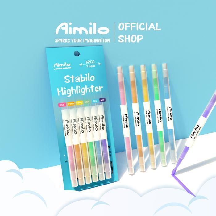 

[READY] Aimilo Stabilo Panjang 6 Warna 2 Arah / Stabilo WARNA WARNI 2 Sisi 6 pcs / Highlighter Warna