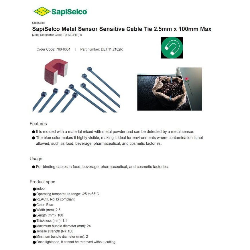 

Metal Detectable Cable Tie 2.5Mmx100Mm 100Pcs Sapiselco Det.11.2102R