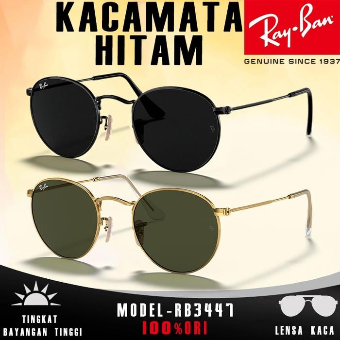 kacamata hitam Ray-Ban RB3447 Round Metal sunglasses lensa kaca pria dan wanita