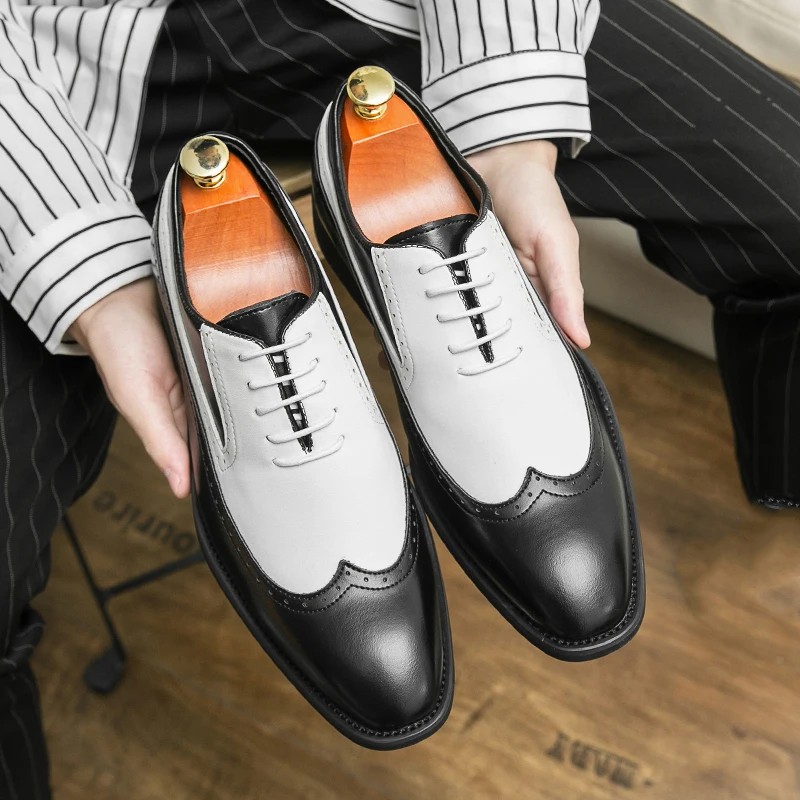 Men Wingtip Detail Dress Shoes Business Two Tone Oxford Shoes For Wedding party