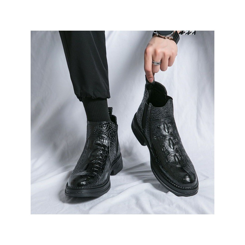 Men's Black Crocodile Pattern Chelsea Boots