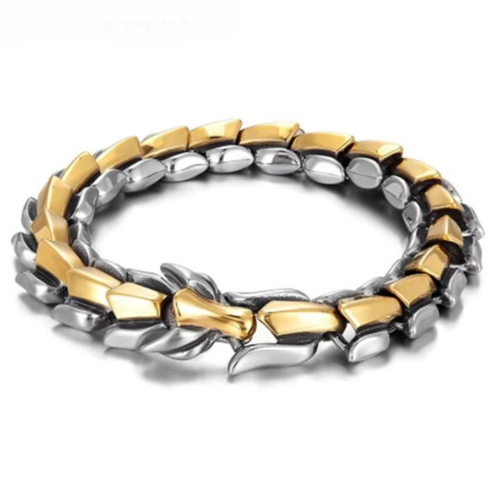 Gelang Naga V2 / Gelang Rantai Pria Model Naga Silver Gold / Gelang Rantai Kepala Naga / Gelang Pria
