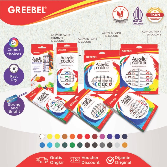 

GREEBEL Cat Lukis Akrilik Set 12,18 Dan 24 Warna / Cat Akrilik Kanvas Lukis Set 10 ml (CAT AKRILIK
