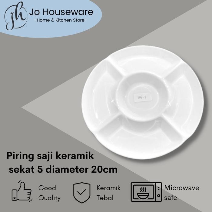 Piring saji keramik sekat 5 diameter 20cm putih tebal 114-1