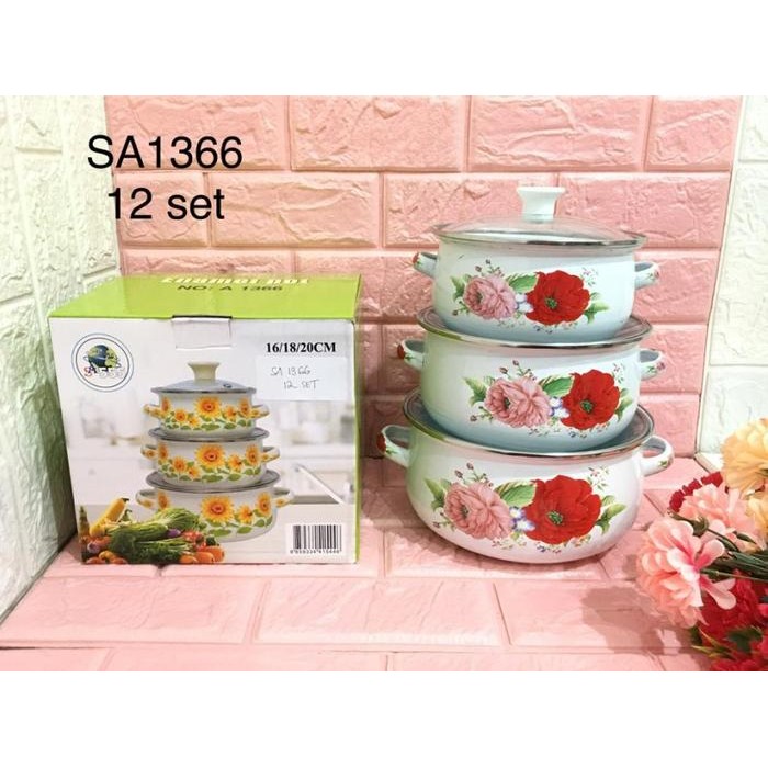 PANCI SET ENAMEL motif bunga wadah tempat sayur kuah lauk Kitchenware
