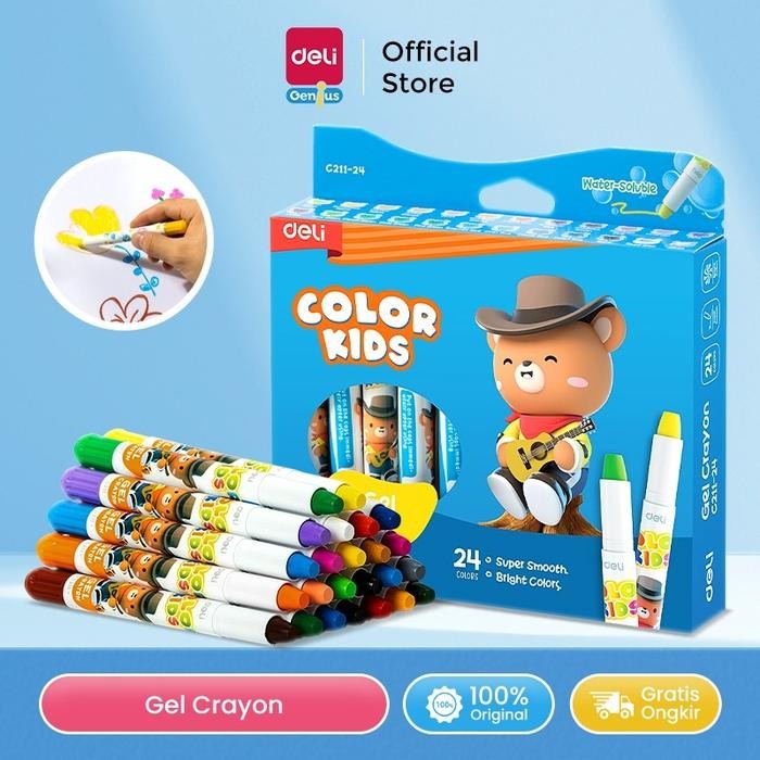 

Deli Silky Crayon / Krayon Gel 12/24 Warna Mudah Dicuci Tidak Mengotori Tangan EC211