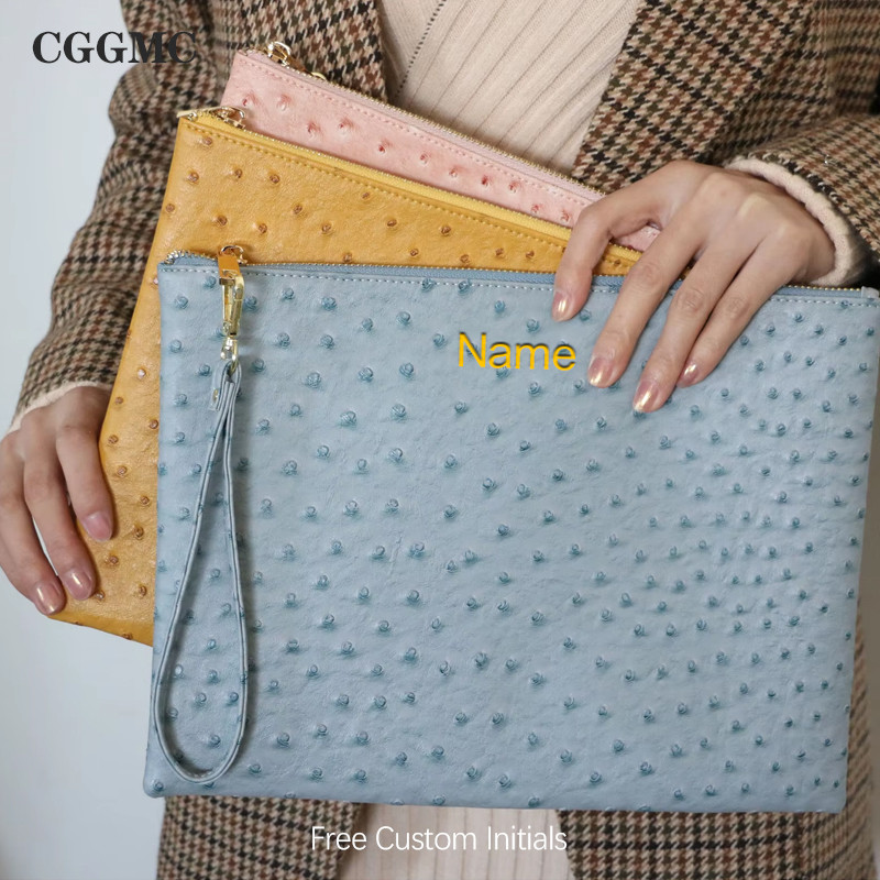 Customized Letters Ostrich PU Leather Clutch Handbag Unisex Laptop Bag For Macbook Pouch Bag With Wr
