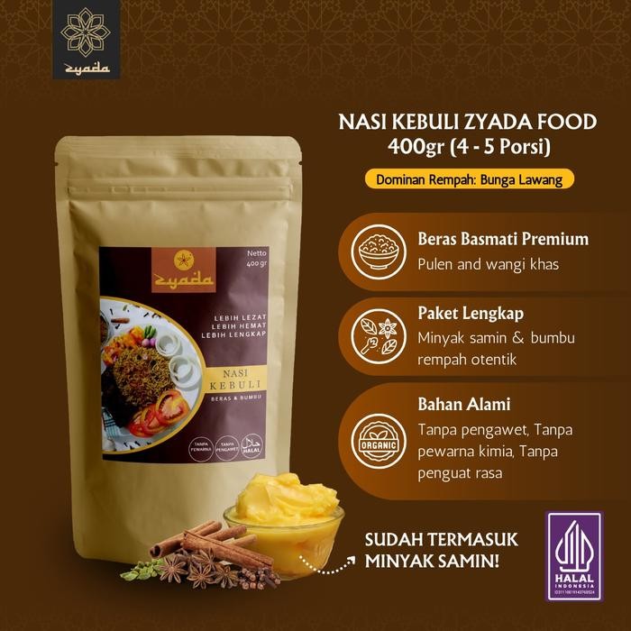 

Nasi Kebuli Instan Zyada dengan Beras Basmati Bumbu dan Minyak Samin 400gr (4-5 PORSI)